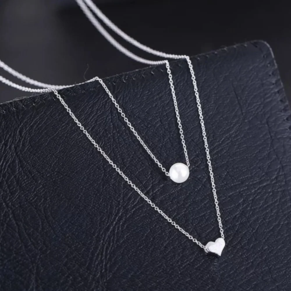 925 Sterling Silver Double Layer Pearl Heart Necklace - Picture 5 of 10